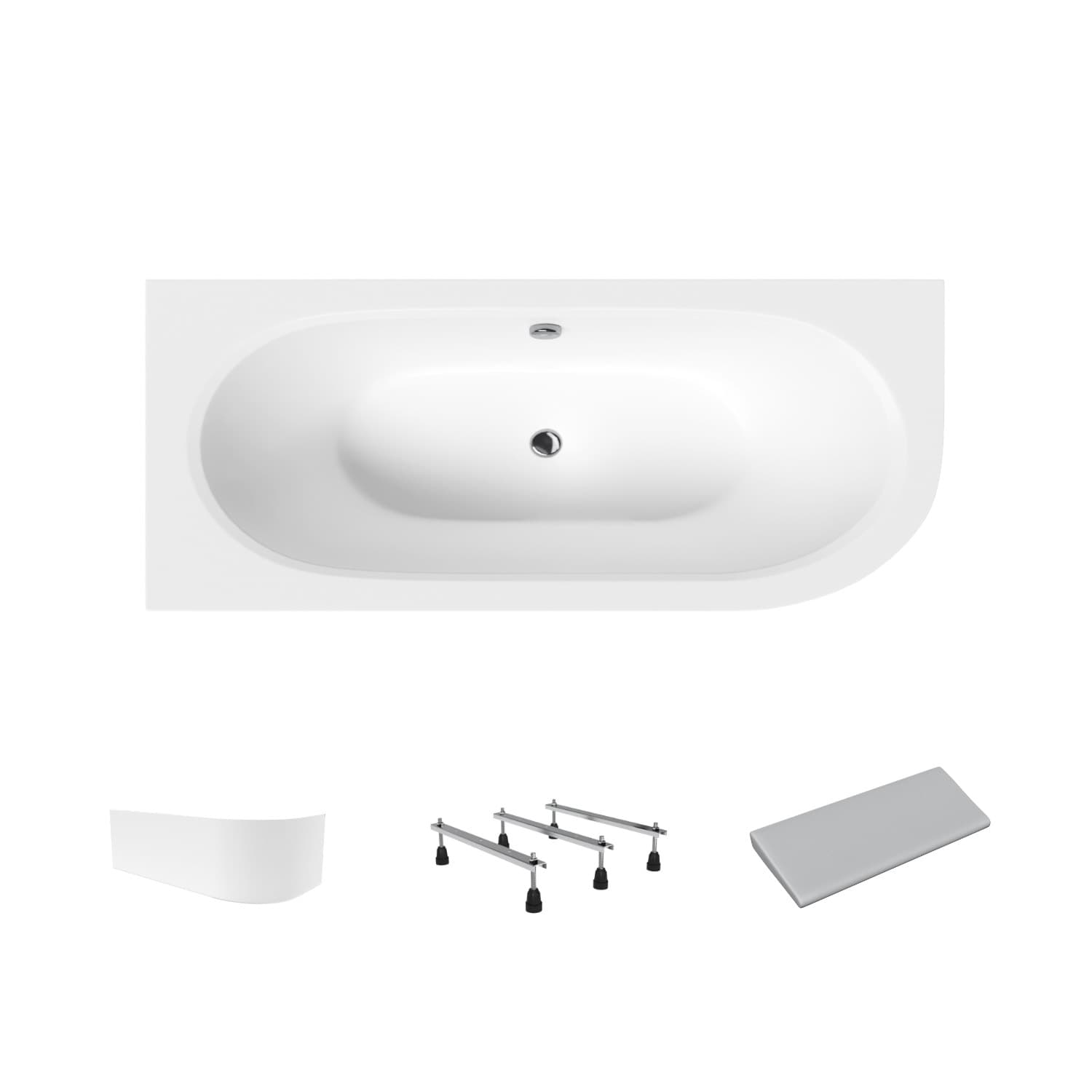 Acrylbadewanne Helmken Marbella Lux 170 x 75 cm, Ausführung links + Wannenschürze Weiß + Nackenkissen Grau + Wannenfüße / 23092006ZW