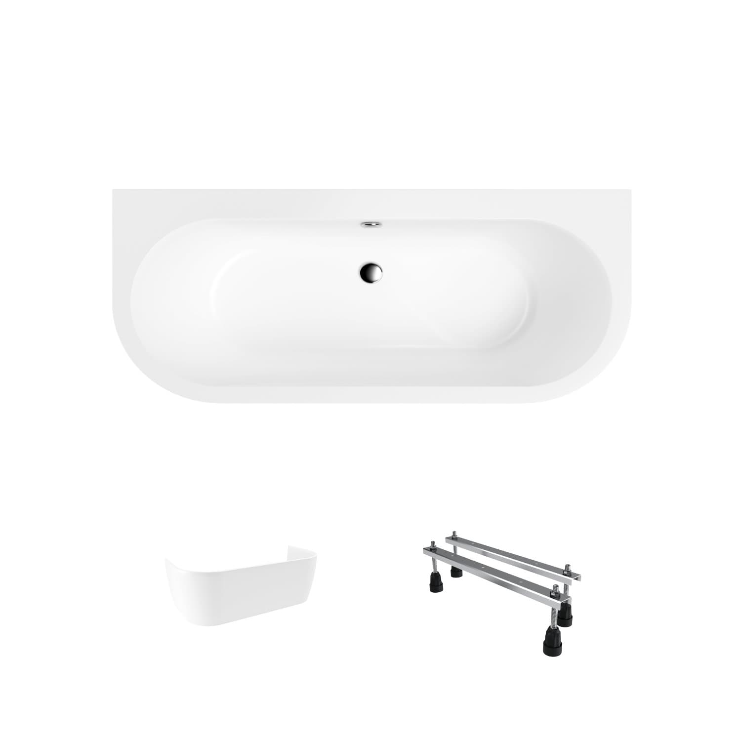 Halbrunde Acrylbadewanne Helmken Imperia 170 x 75 cm + Wannenschürze Weiß + Wannenfüße / 37080075ZW