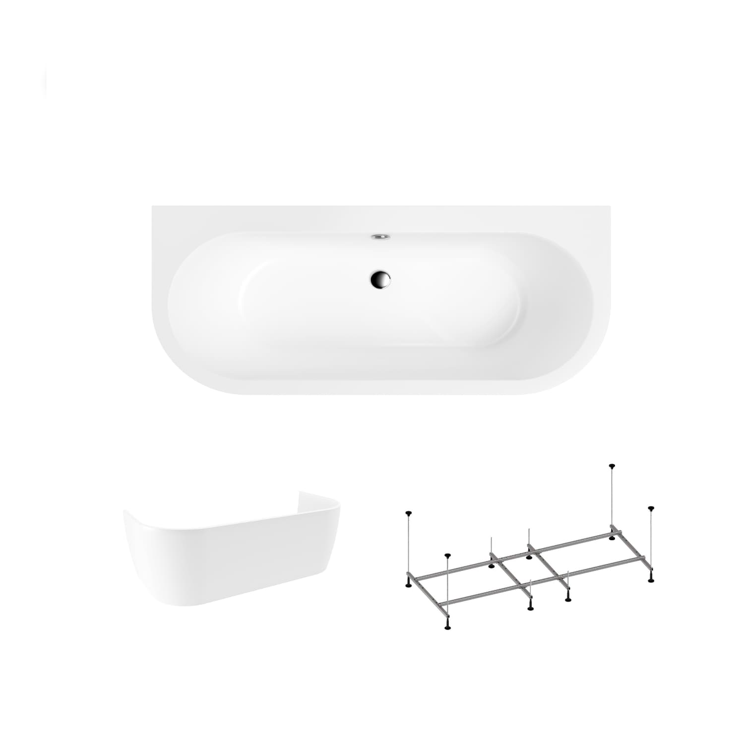 Halbrunde Acrylbadewanne Helmken Imperia 170 x 75 cm + Wannenschürze Weiß + Wannengestell Helmken 21210028 / 35080075-3S