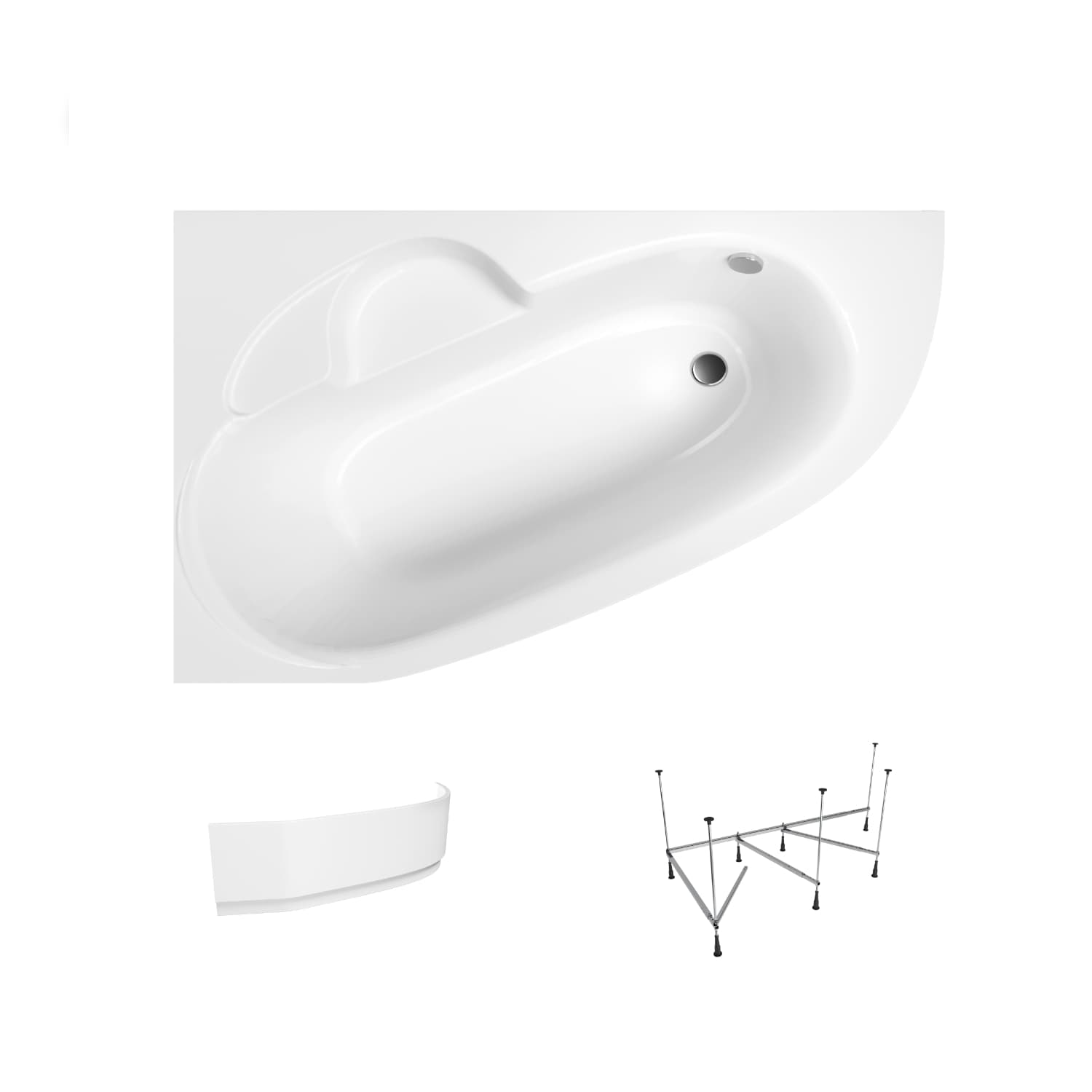 Asymmetrische Badewanne Helmken Valencia 150 x 100 cm, Ausführung links + Wannenschürze Weiß + Wannengestell 21013-101 / 3502150L-3S